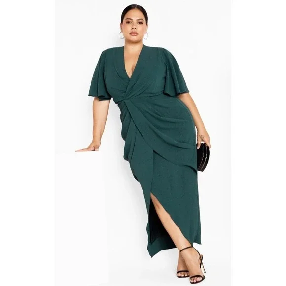 City Chic Braelynn Maxi Dress Emerald Tulip Flutter S Plus Size 16 Wedding *Flaw - Picture 1 of 16